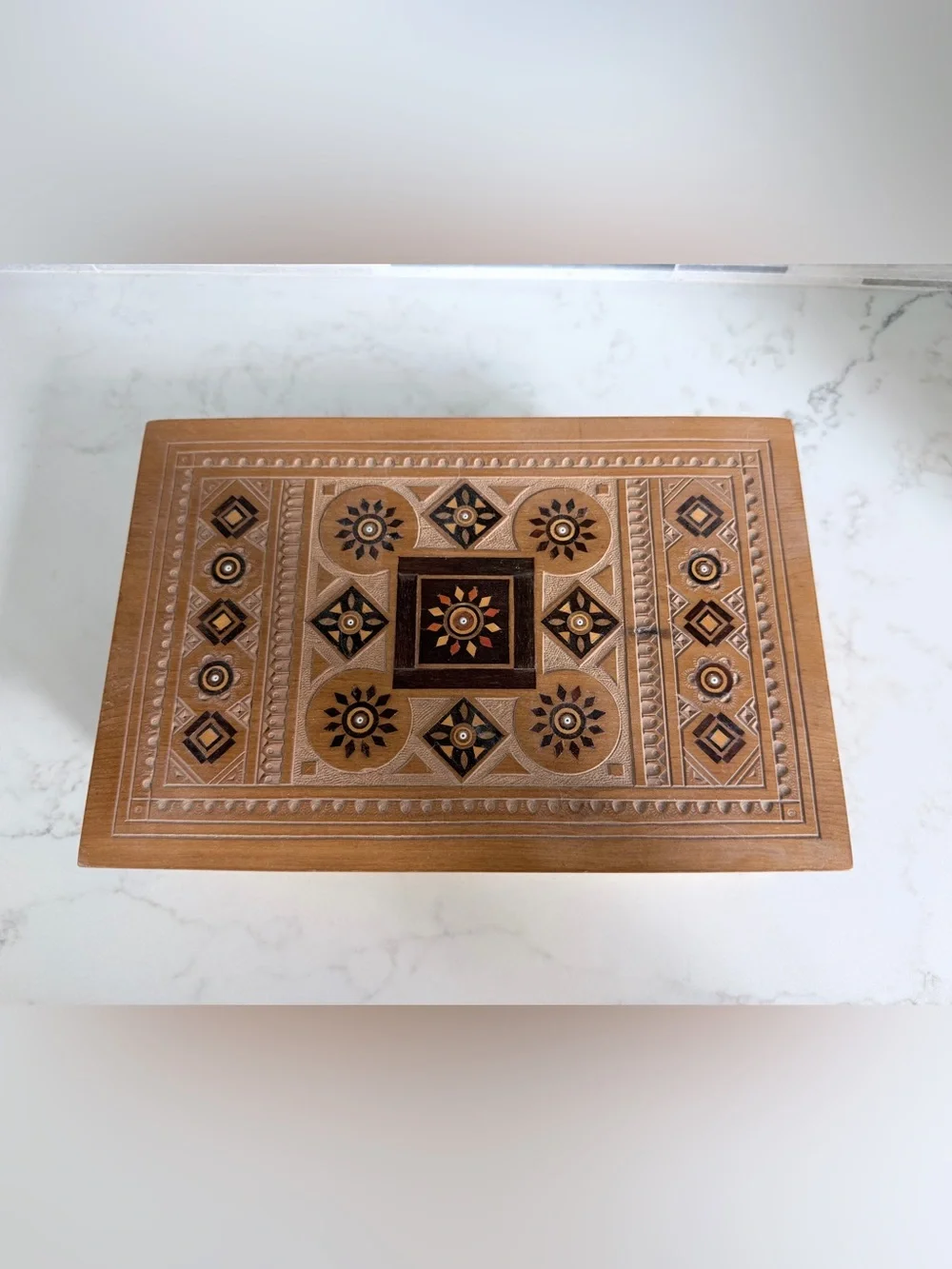 Vintage Hand Made Carved Wood Inlay Decorative Box - Brown & Black Accent